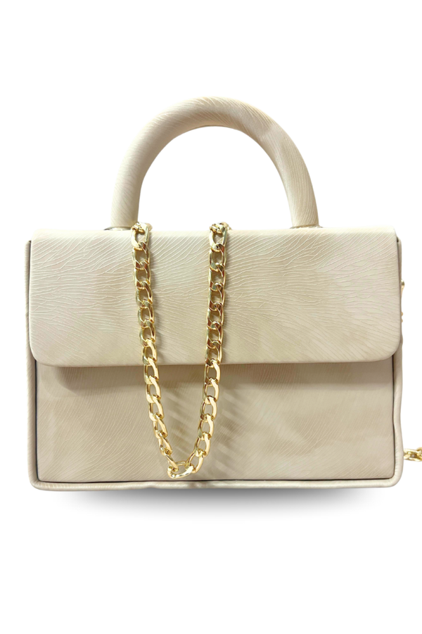 Off-White Textured Handbag with Gold Chain Accent