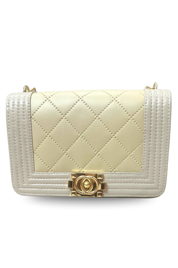 Cream Quilted Leather Bag with Gold Clasp