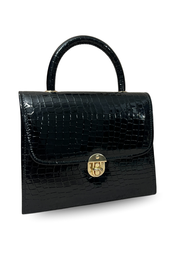 Croc-Pattern Leather Handbag with Gold TE Clasp