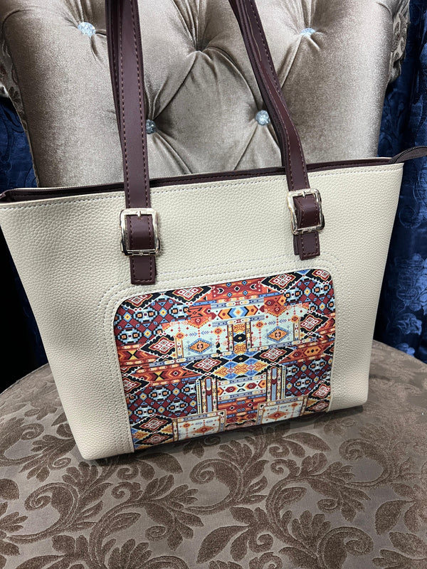 Cream Leather Bag with Colorful Patch