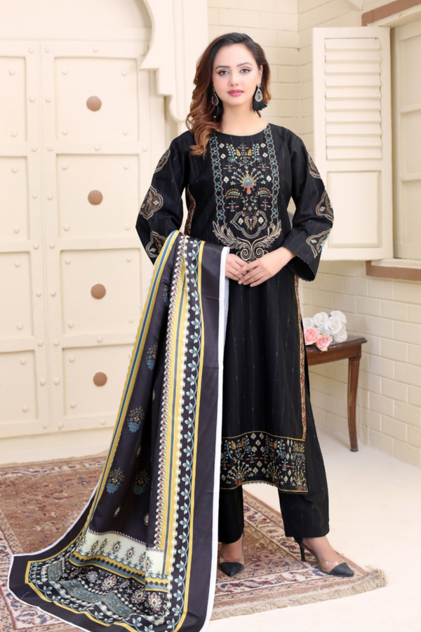Black Embroidered Khaddar 3-Piece Suit with Multi Dupatta
