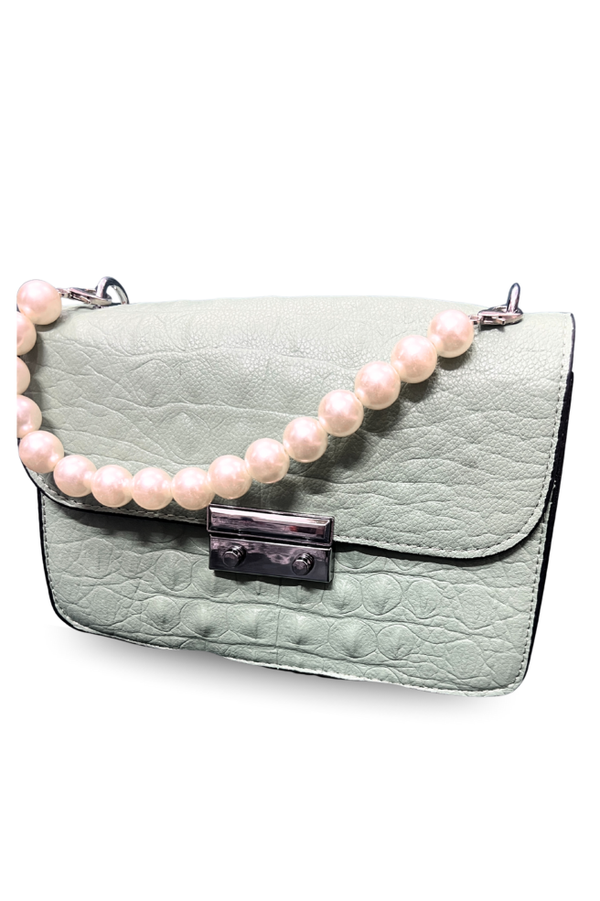Mint Green Textured Handbag with Pearl Handle