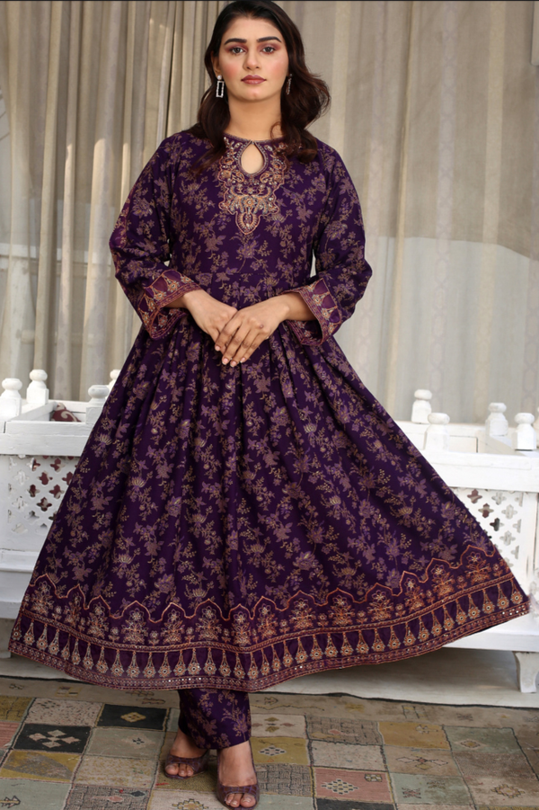 Dark Purple Embroidered Long Frock with Pencil Trouser