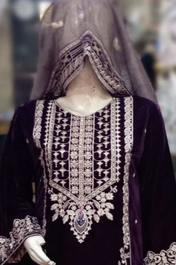 Plum Velvet 3-Piece Embroidered Suit with Masoori Dupatta