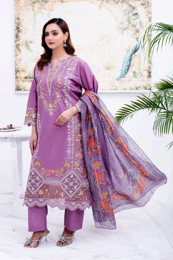 Embroidered Cotton Suit with Floral Dupatta
