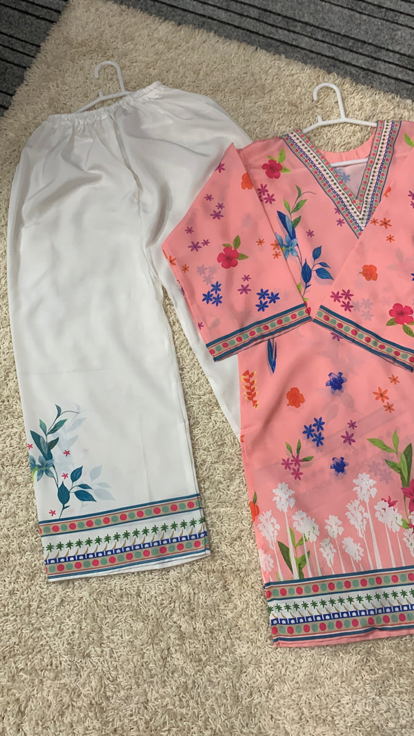 Pink Floral Chiffon Suit with White Embroidered Trouser