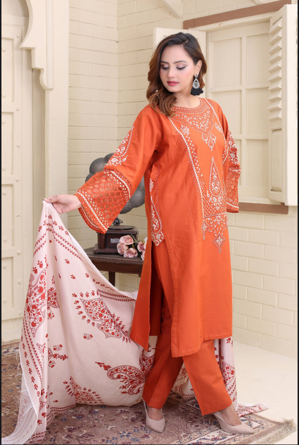 Rust Orange Embroidered Jeans Khaddar 3-Piece Suit