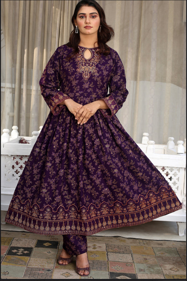 Dark Purple Embroidered Long Frock with Pencil Trouser