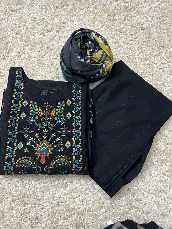 Black Embroidered Khaddar 3-Piece Suit with Multi Dupatta