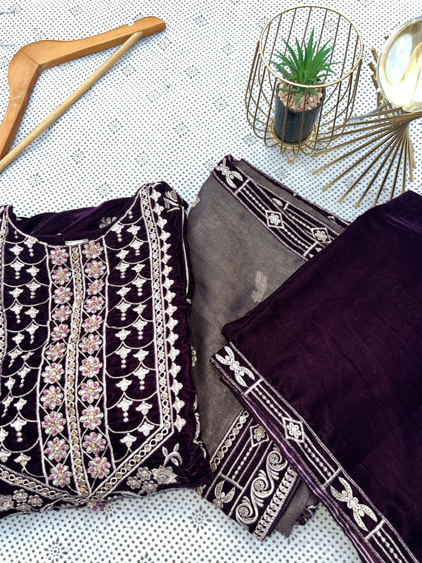 Plum Velvet 3-Piece Embroidered Suit with Masoori Dupatta